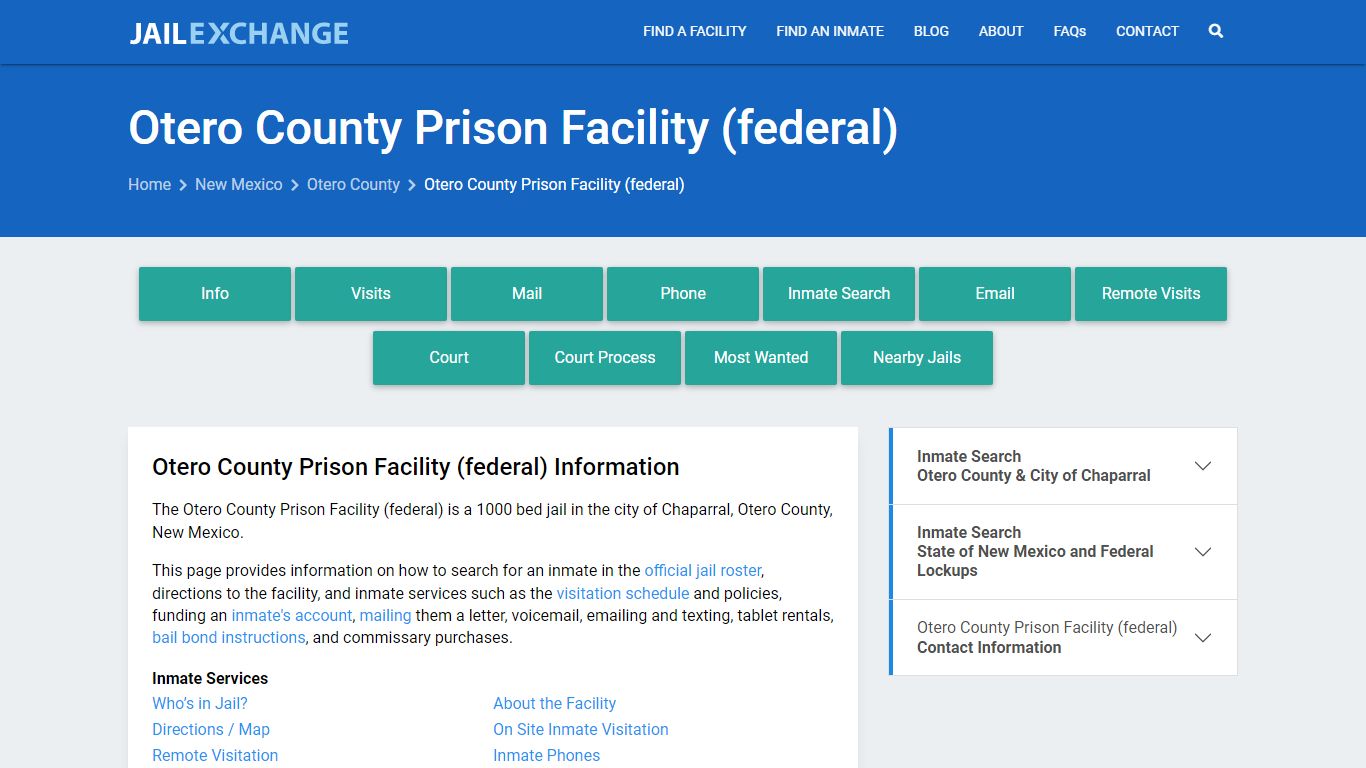 Otero County Prison Facility (federal), NM Inmate Search, Information