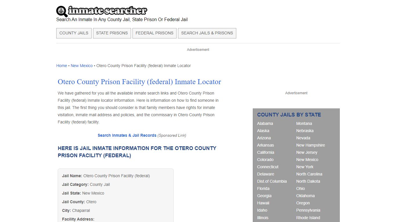 Otero County Prison Facility (federal) Inmate Locator - Inmate Searcher